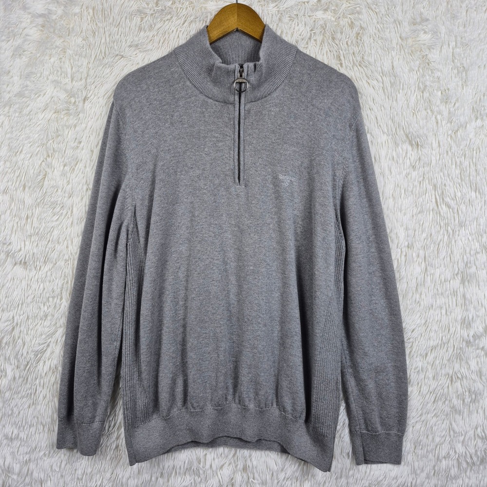 Barbour Mens Grey Cotton Quarter Zip Sweater XXL Tartan Trim Heritage